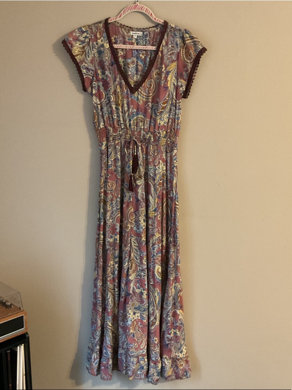 Bohemian Paisley Maxi Dress in Mauve with Tie Waist